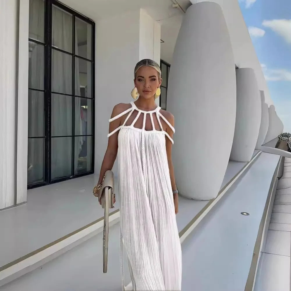 Green Bohemia Holiday Dress Women Elegant Solid Casual Loose Long Dresses Summer Sexy 2 Side Split Backless Beach Dress 2024