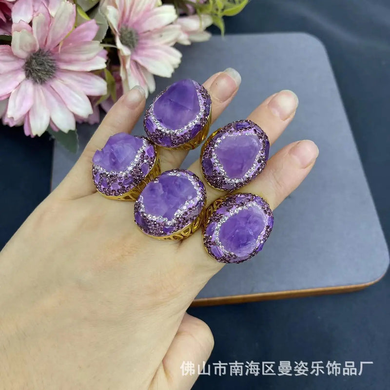 Natural Brazilian amethyst rough stone copper plated real gold color retention ring adjustable popular natural stone jewelry