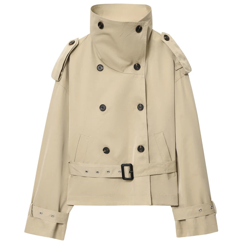 HXAO Crop Khaki Windbreaker Women's Jacket Autumn Fashion Stand Collar Long Sleeve Trench Coat Double-Breasted Belt Outerwears