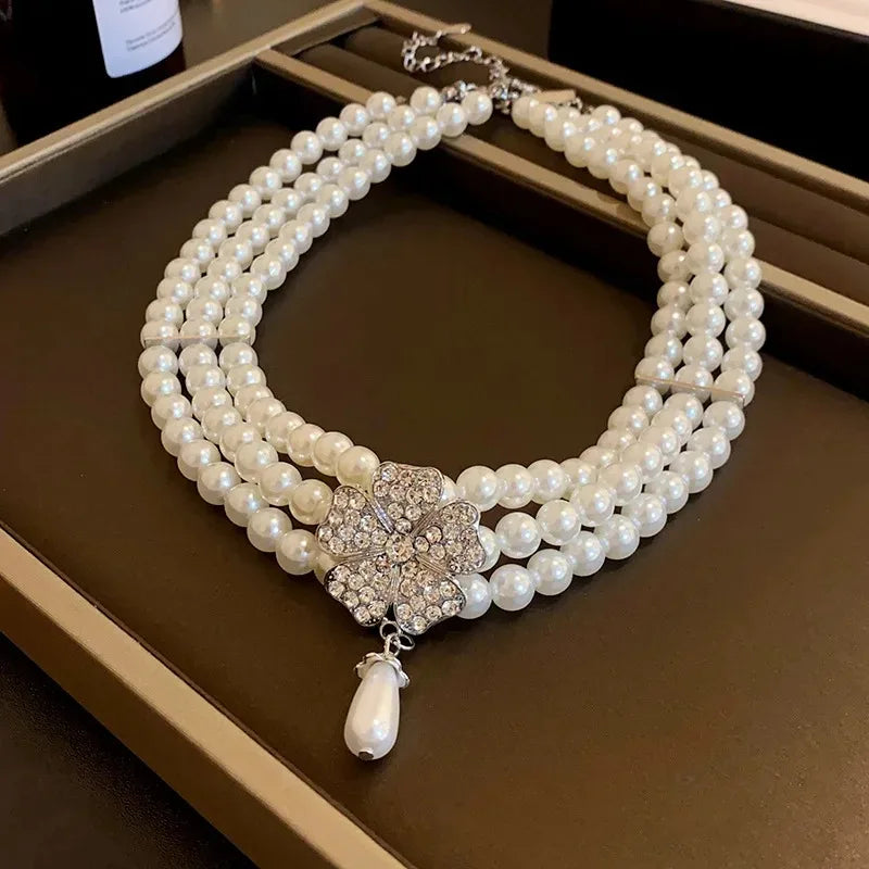 Flower Party Necklaces Women French Luxury Imitation Pearl Multi-layer Necklaces Bracelet Earrings Rhinestone Jewelry Sets K-