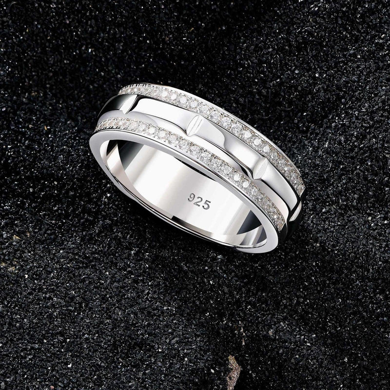 Newshe Solid 925 Sterling Silver Wedding Rings for Men Half Eternity Male Ring Brilliant Round White Cubic Zircons Fine Jewelry  - CRAVO ROSE