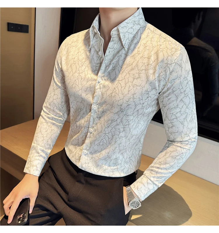 Camisas jacquard vintage de luxo, manga comprida de alta qualidade, slim fit, smoking casual, camisas sociais para casamento, tamanho 4XL-M