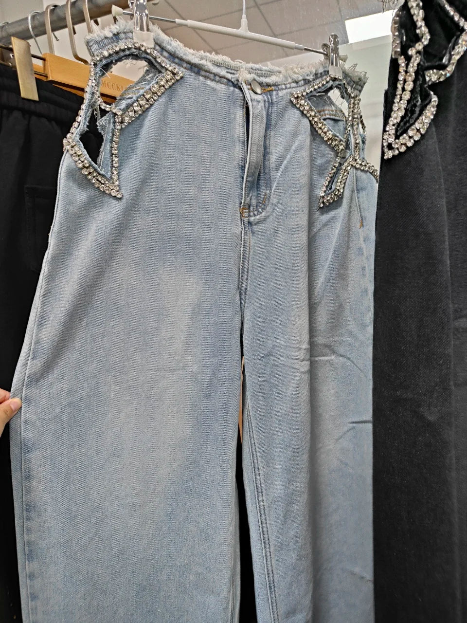 Y2k Hot Fix Rhinestone Cutout Women's Jeans Summer Street Low-rise Wide Leg Loose Denim Pants Lady New Fashion Party Trousers