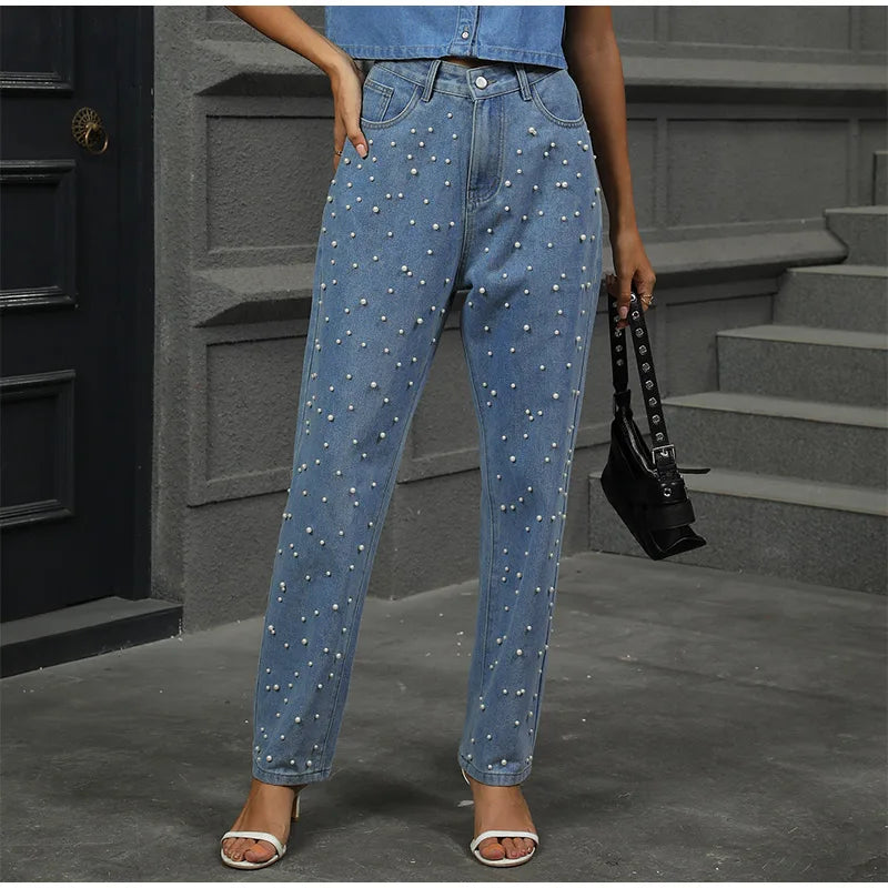 Calça jeans feminina moderna de cintura alta com perna reta e design chique de contas cravejadas, calça feminina casual e moderna de rua