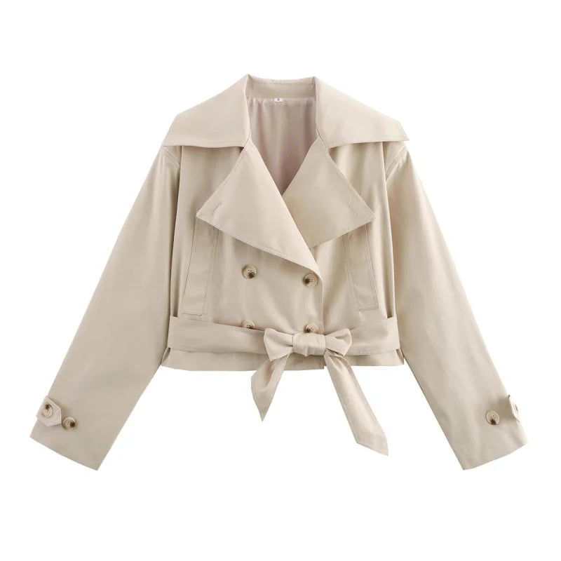 ETJ 2025 new  women's British wind trench coat style double-breasted long sleeve belt lapel jacket short coat