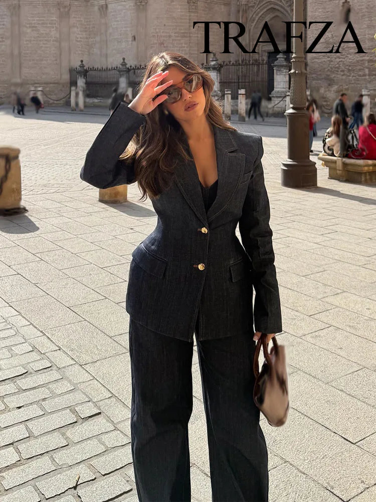 TRAFZA 2025 Conjunto de Blazer e Calça Jeans , Casaco Slim com Gola Redonda + Corpete com Decote em V + Jeans Feminino Vintage de Perna Larga