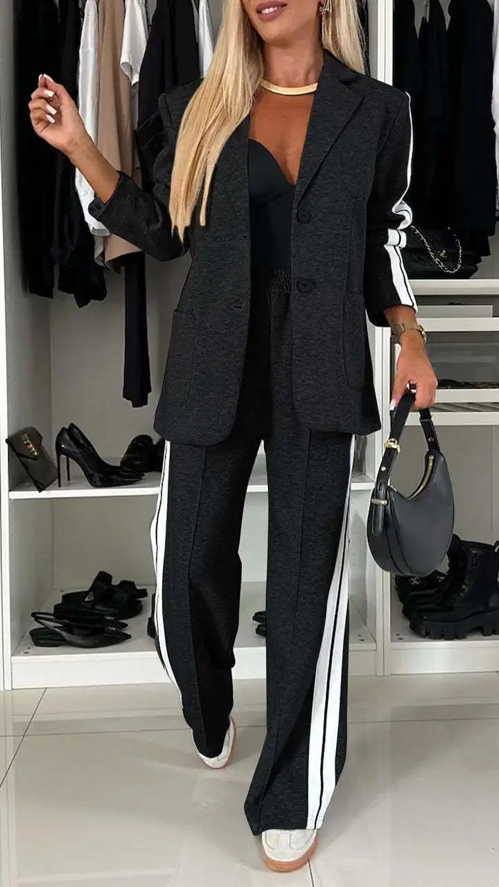Modern Office Commute Women's Suit Set Loose Fit Long Pants High Waist Striped Casual Sportswear Long Sleeve Button up Coat