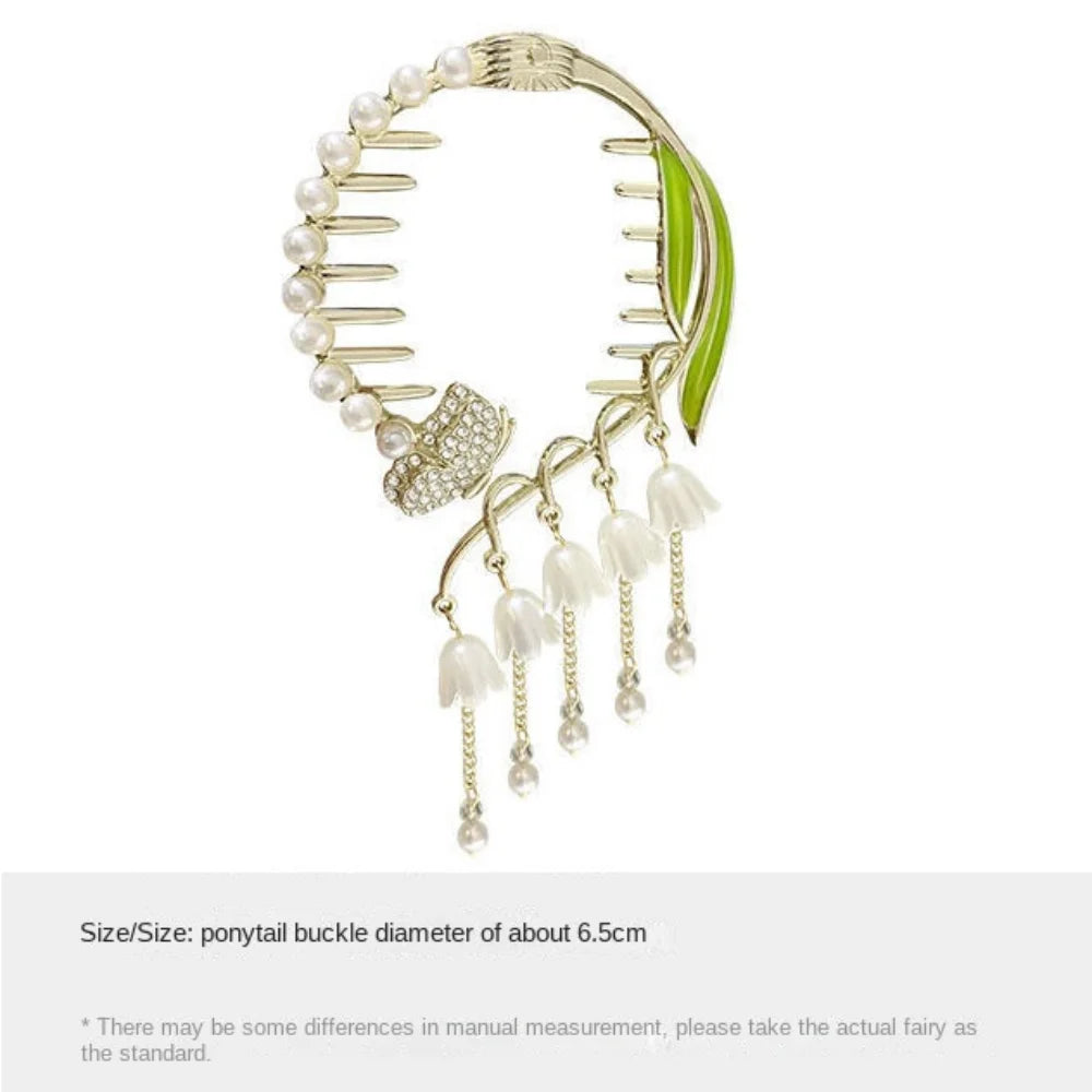 Chinese Style Flower Tassel Hair Bun Buckle High Ponytail Buckle Pearl Chain Pan Hair Claw Clip Fashion Lovely Alloy Headwear