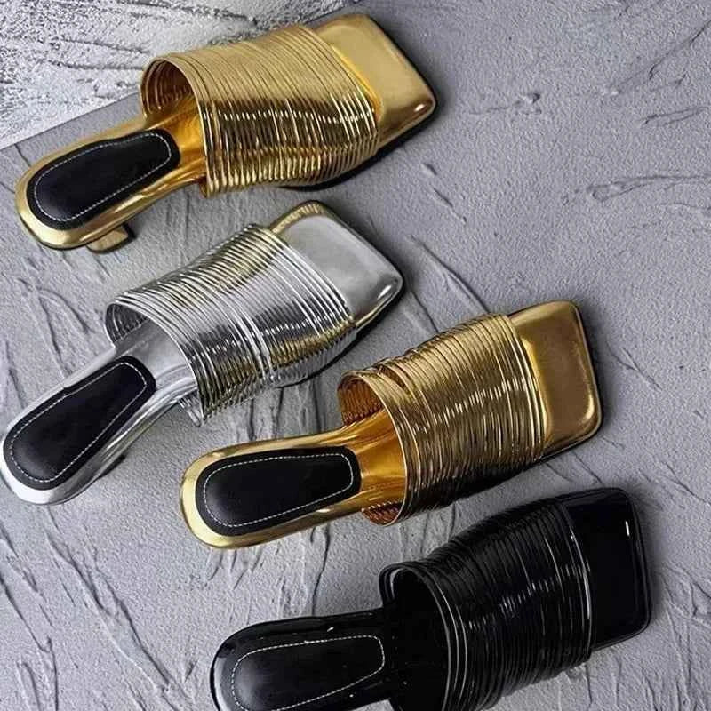 Square Toe Stiletto Sandals for Women Summer Shiny Solid Color High Heels Casual Half Slippers Shoes for Women Designer Sandals