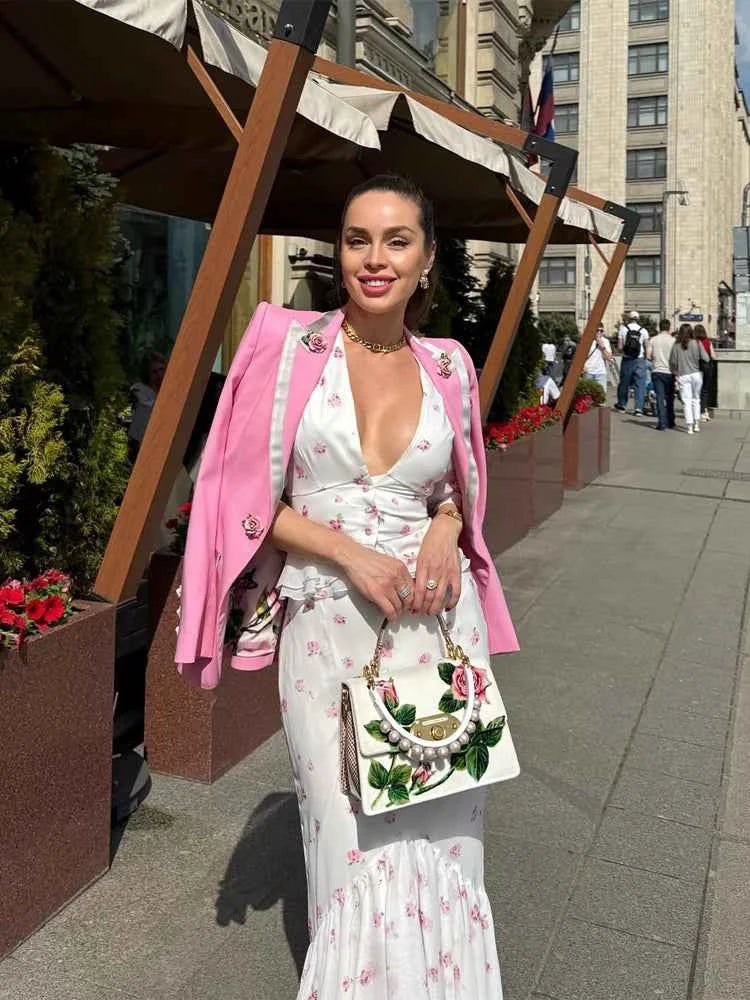 Women White Floral Print Maxi Dress V Neck Puff Sleeve Peplum Waist Fishtail Hem Chiffon Robe Elegant Party Wedding Guest Gown