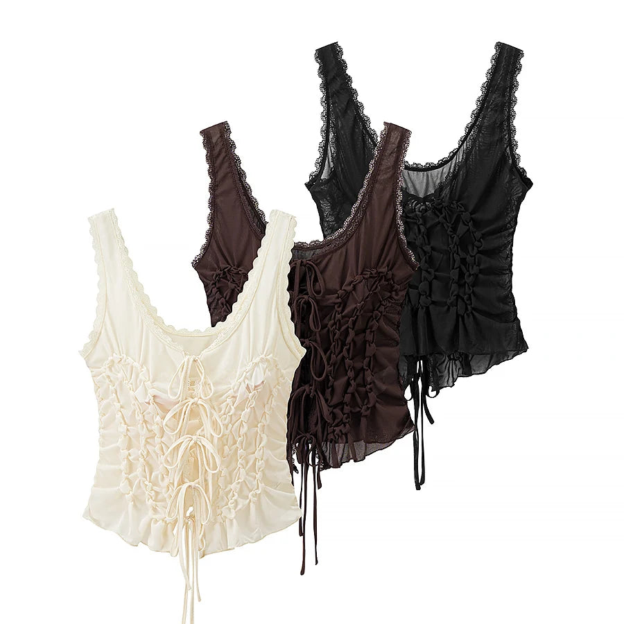 DUOPERI Women Y2K Fashion Solid Pleated Lace Up Slim Fitting Camisole Straps V-Neck Female Chic Lady Casual Tank Tops