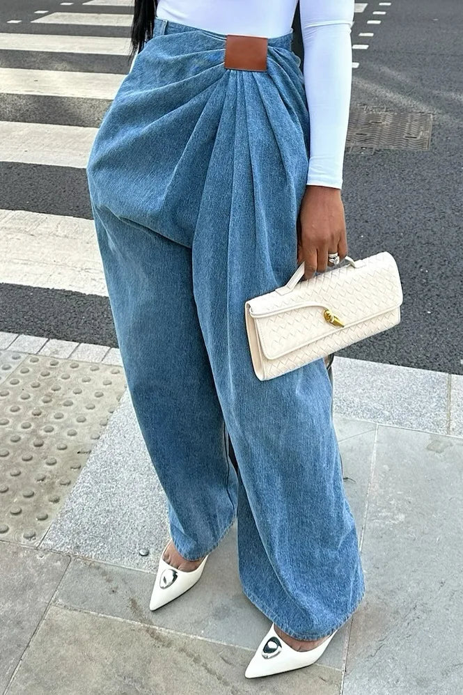 Women Wide Leg Pants Jeans Washed High Waist Folds Distressed Denims Spring 2026 Vintage Female Trousers Streetwear Floor Length
