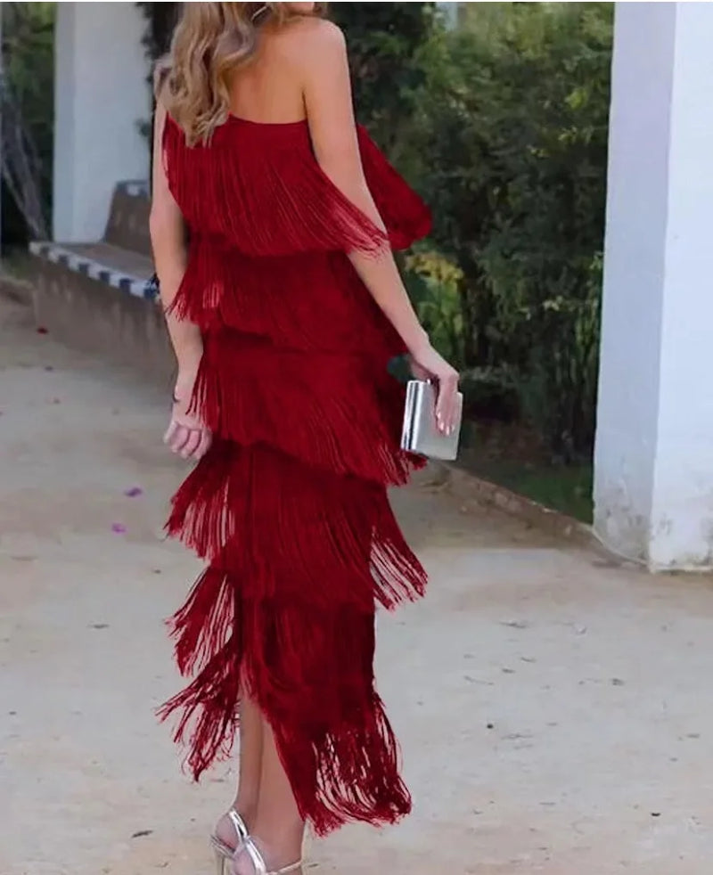 Elegant Asymmetric Slim Evening Dress Fashion Tassel Club Party Dress 2024 Lady Sexy Diagonal Collar Sleeveless Tank Long Dress