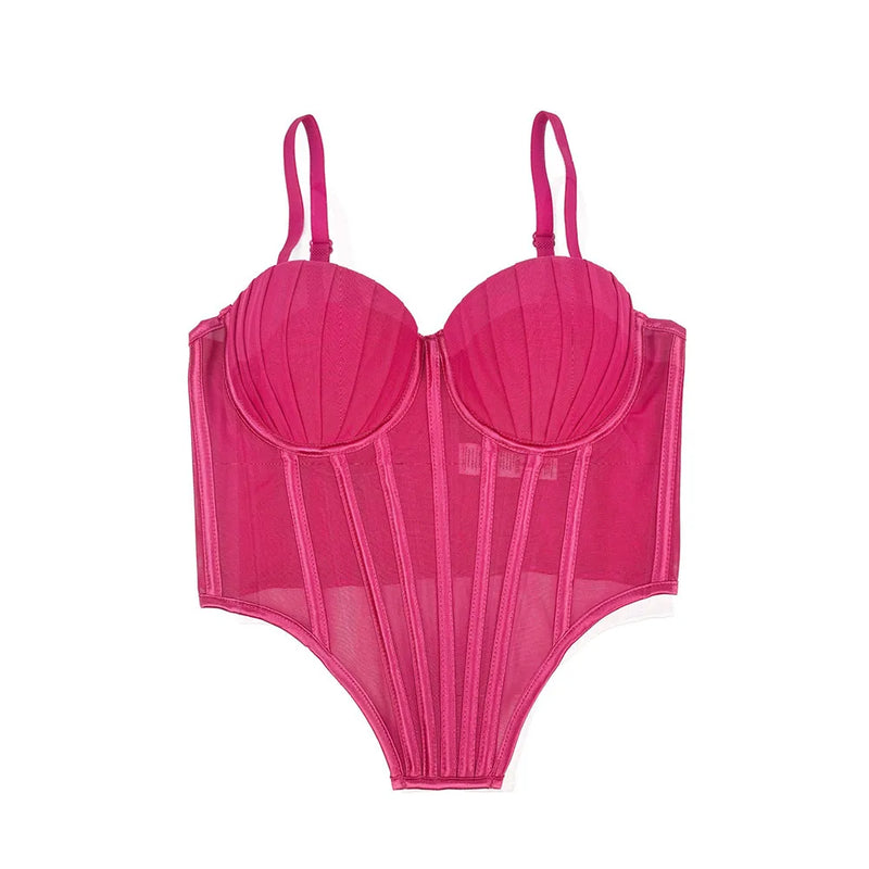 Corpete transparente de malha feminino, faixa espinha de peixe na cintura, corpete bustiê, tops sensuais