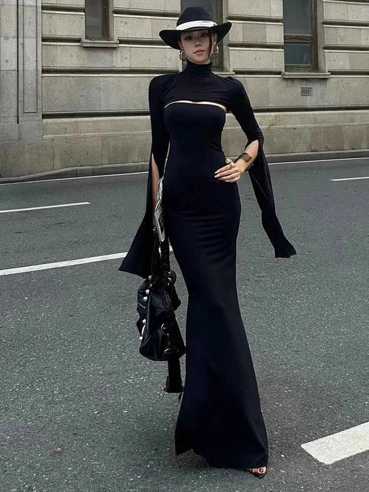 Nibber Fashion Chic 2-Piece Set Women Strapless Split Maxi Dress+Super Short Half-Sleeve Turtleneck Top Matching Elegant Outfits