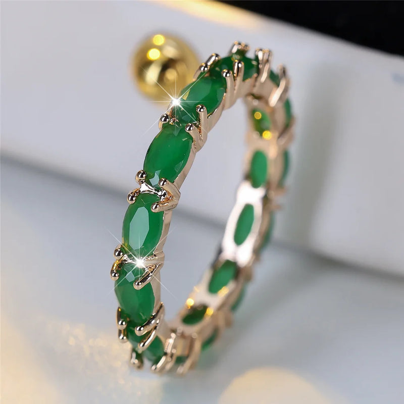 Luxury Crystal Green Oval Stone Rings For Women Vintage Gold Color Wedding Band Bridal Jewelry Engagement Gift