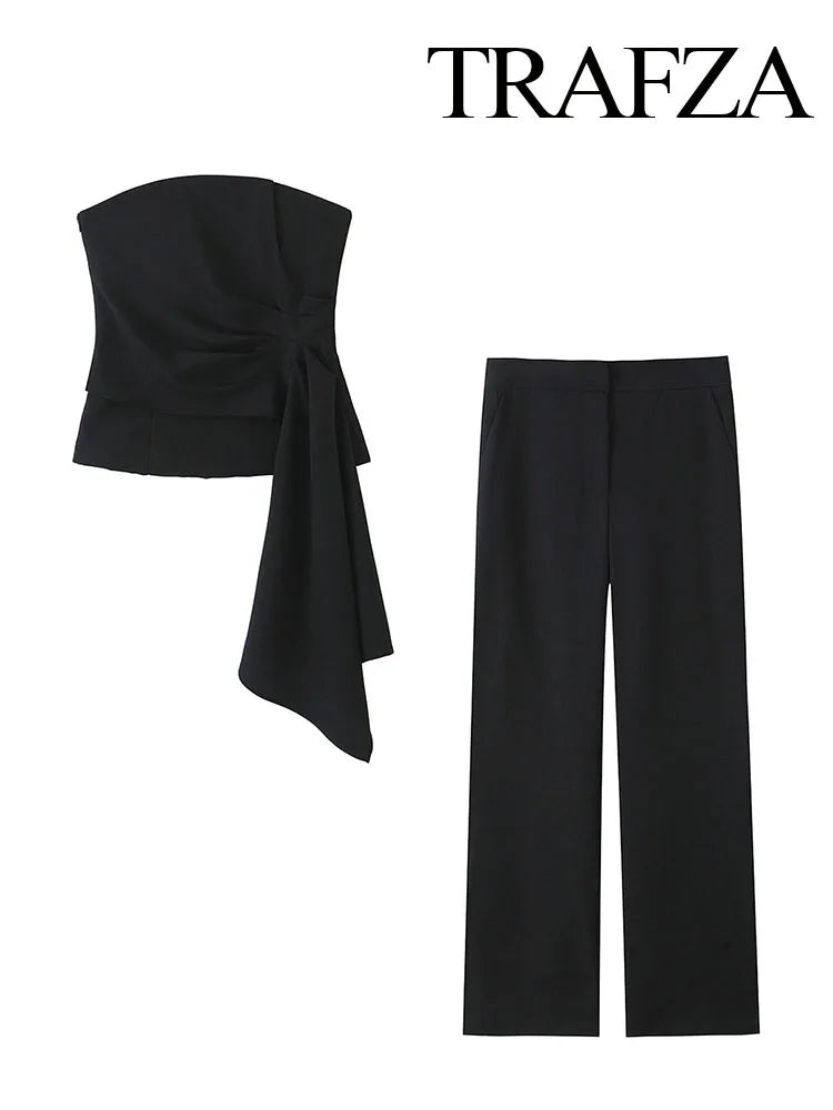 TRAFZA Women 2 Piece Set Solid Asymmetric Folds Side Zip Design Short Vest Top+Fashion Pockets High Waist Casual Wide Leg Pants