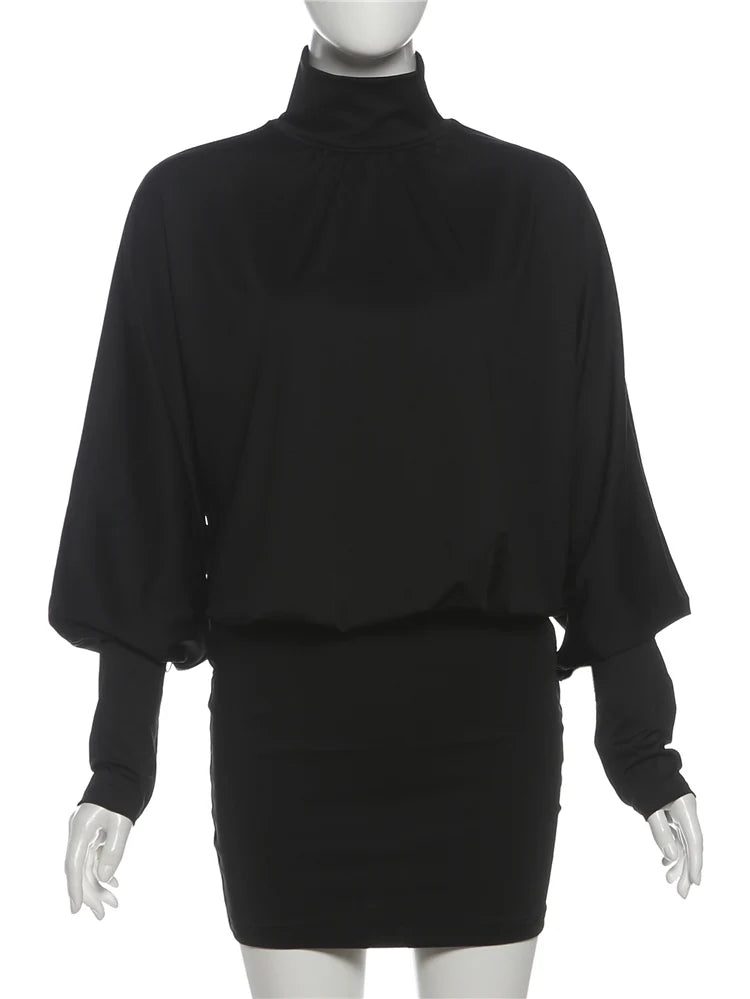 Nibber Backless Dress Women Turtleneck Lantern Sleeve Solid High Elasticity Sexy Simple Classic Street Prom Party Mini Bodycon