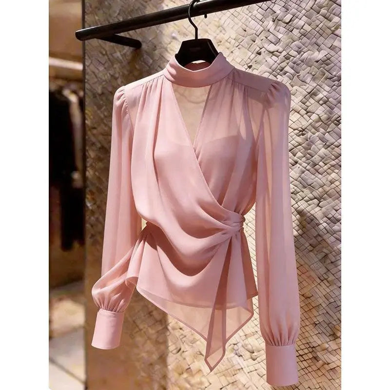 Elegant V-Neck Long Sleeve Women's Shirt Asymmetric Fashionable Versatile Top for Summer Season French Style Slim Fit Shirt