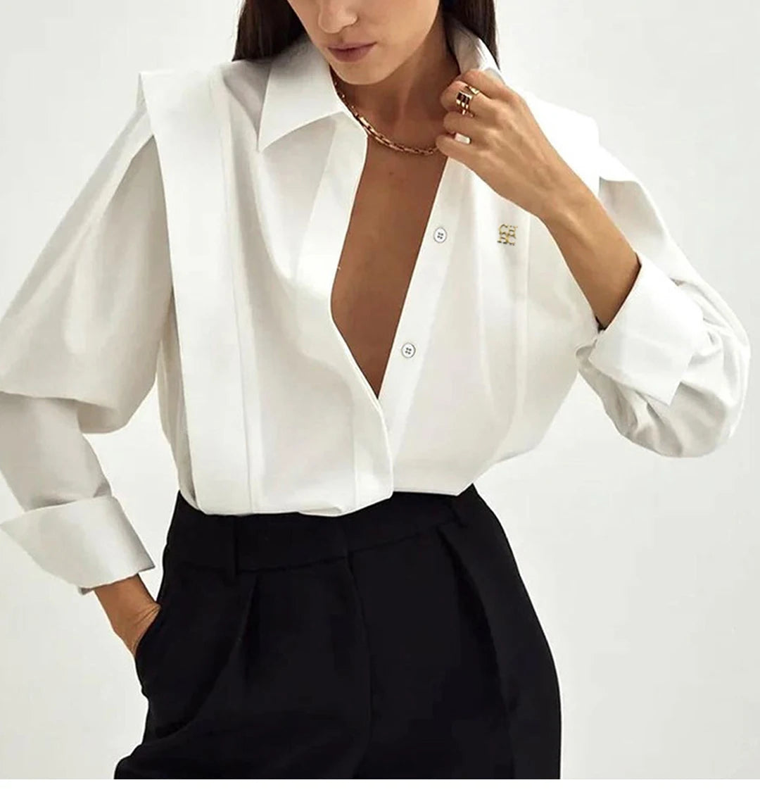 CH Womens CH Logo Embroidered Shirt Long Sleeve Structured Shoulder Office Blouse Fashion Button Down Top