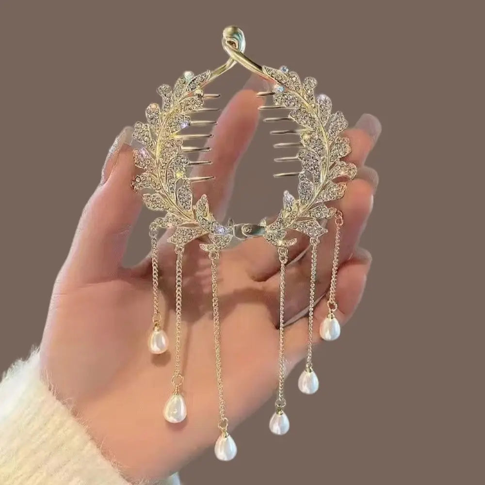 Chinese Style Flower Tassel Hair Bun Buckle High Ponytail Buckle Pearl Chain Pan Hair Claw Clip Fashion Lovely Alloy Headwear