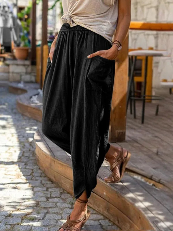 Calças femininas de praia, primavera verão, vintage, boho, algodão, linho, cintura alta, lisas, soltas, bolsos, calças casuais