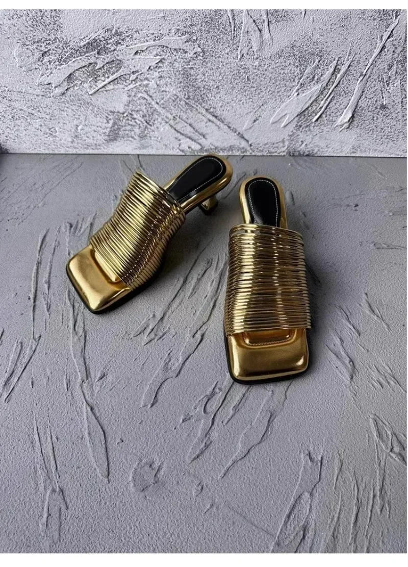 Square Toe Stiletto Sandals for Women Summer Shiny Solid Color High Heels Casual Half Slippers Shoes for Women Designer Sandals