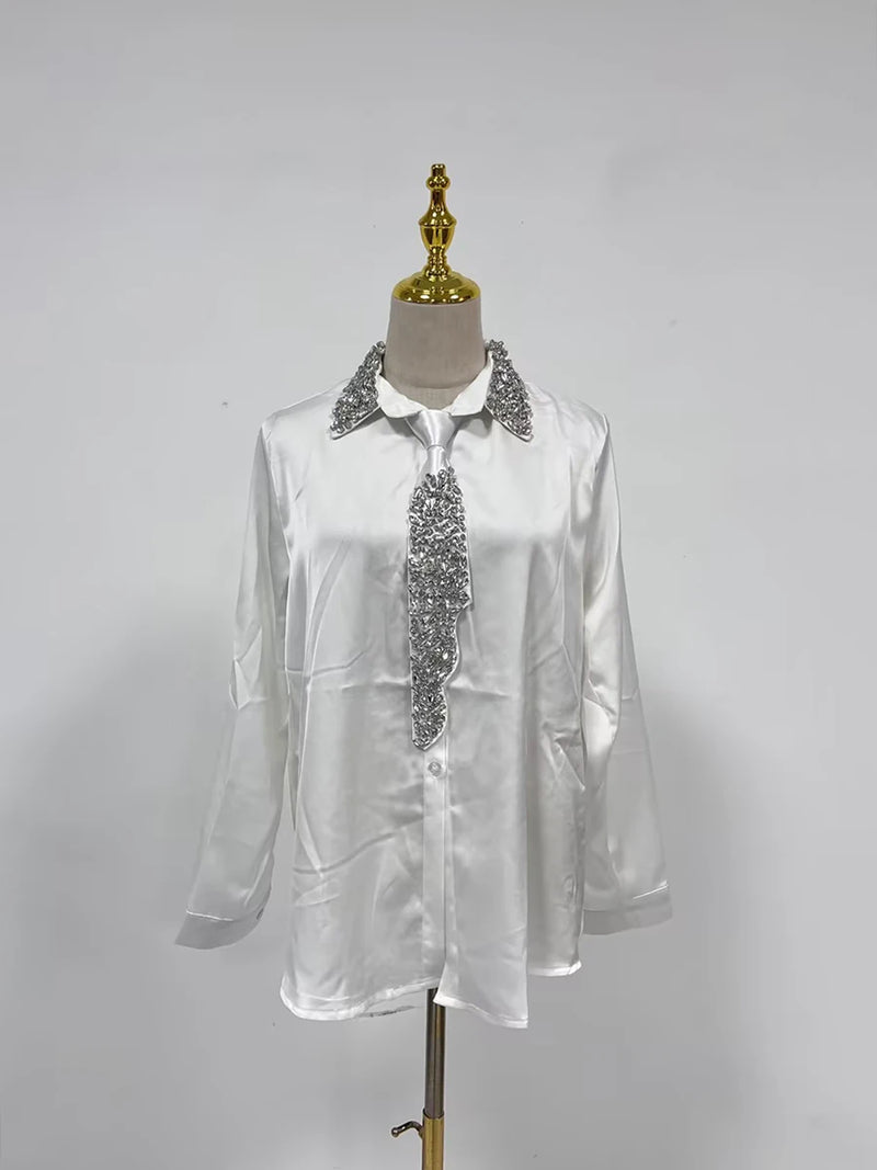 Blusa elegante e chique com losangos emendados lapela, manga comprida, design temperamental, camisa sensual