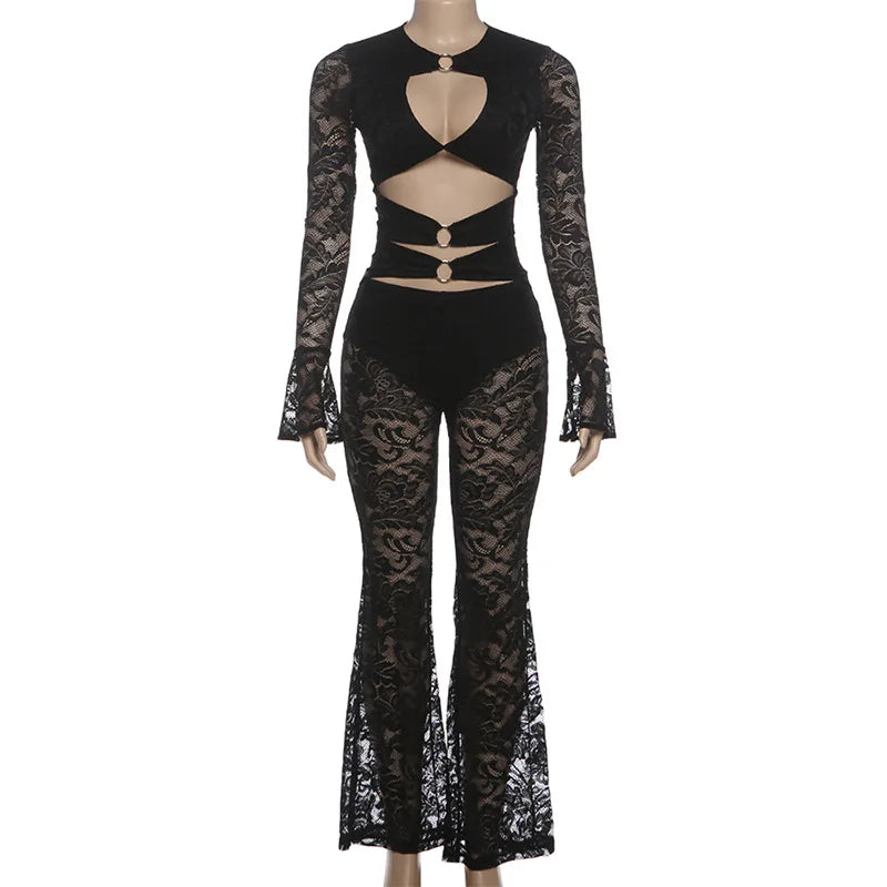 Sexy Hollow out Micro Flared Jumpsuit Long Pants  Lace Shirt Thickened Winter Collection for Elderly Women