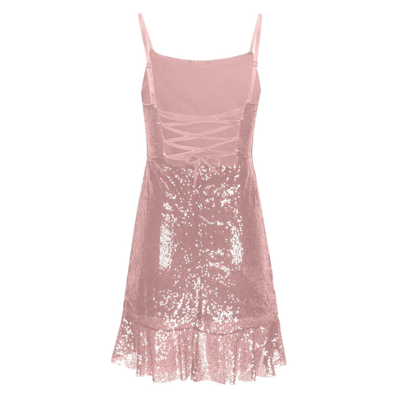 Sexy Slim Fitting Fashion Solid Color Sequin Back Cross Tie Ruffle Edge Sleeveless Suspender Irregular Hem Pleated Party Dress
