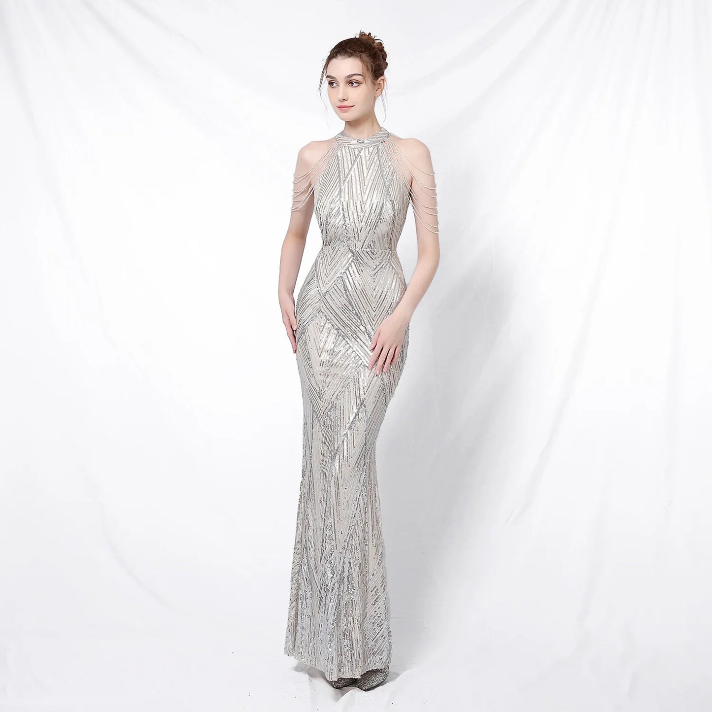 Xmas Sequin Maxi Dress Halter Neck Stripe Mermaid Long Lady Coctail Prom Dress Party Evening Dancing Performance Shimmering Wear