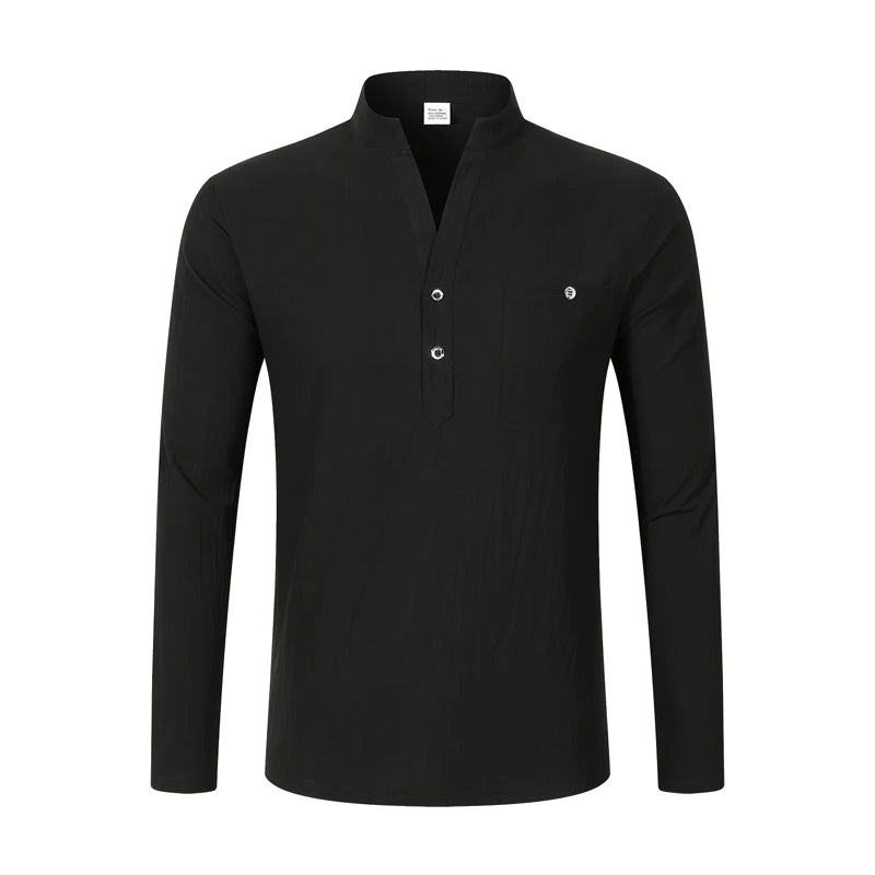 Men's Lightweight Shirts Long Sleeve Henley Cotton Linen Shirts for Male Beach Hawaiian V-neck Top Breathable Polo Shirts top