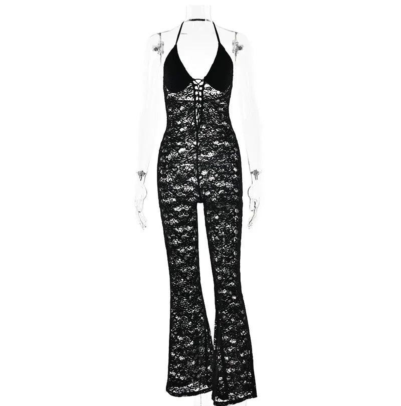 GACVGA Sexy Lace See Through Women Jumpsuit Backless Slim Streetwear Bandage Romper Lady Elegant Summer Party Nightclub Jumpsuit