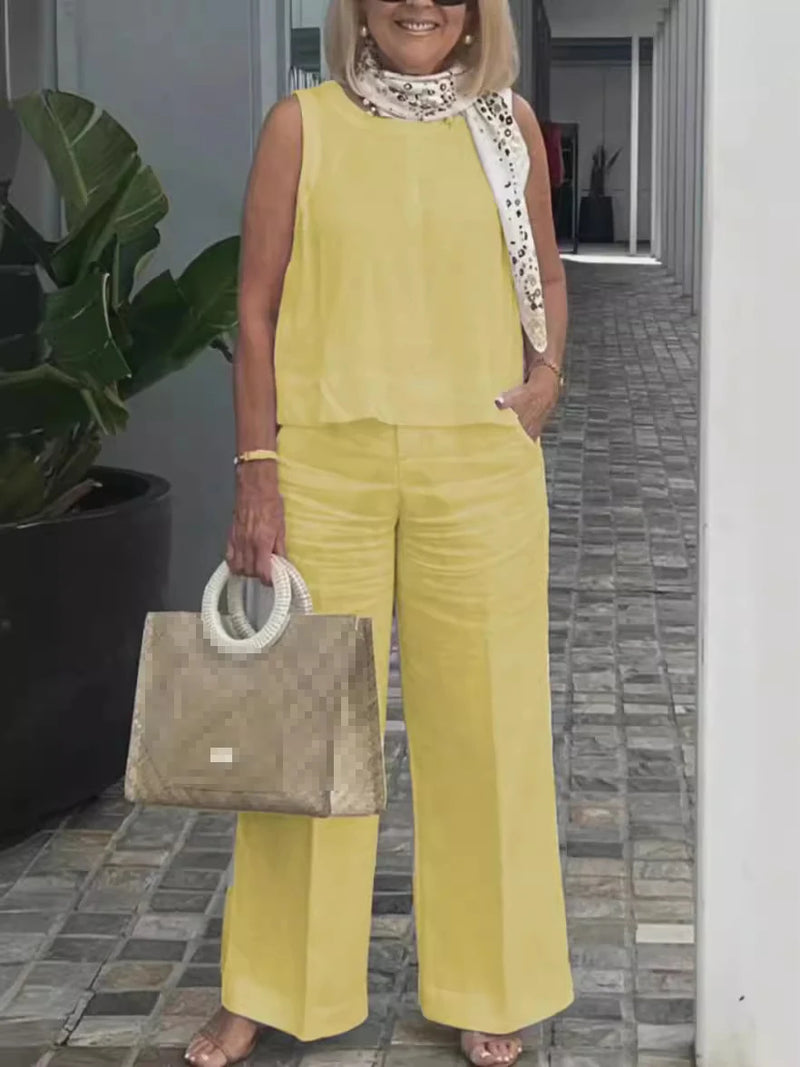 Terno feminino simples de algodão e linho, moda verão, blusa solta sem mangas, calças de perna larga, conjunto de duas peças para mulheres, roupas casuais