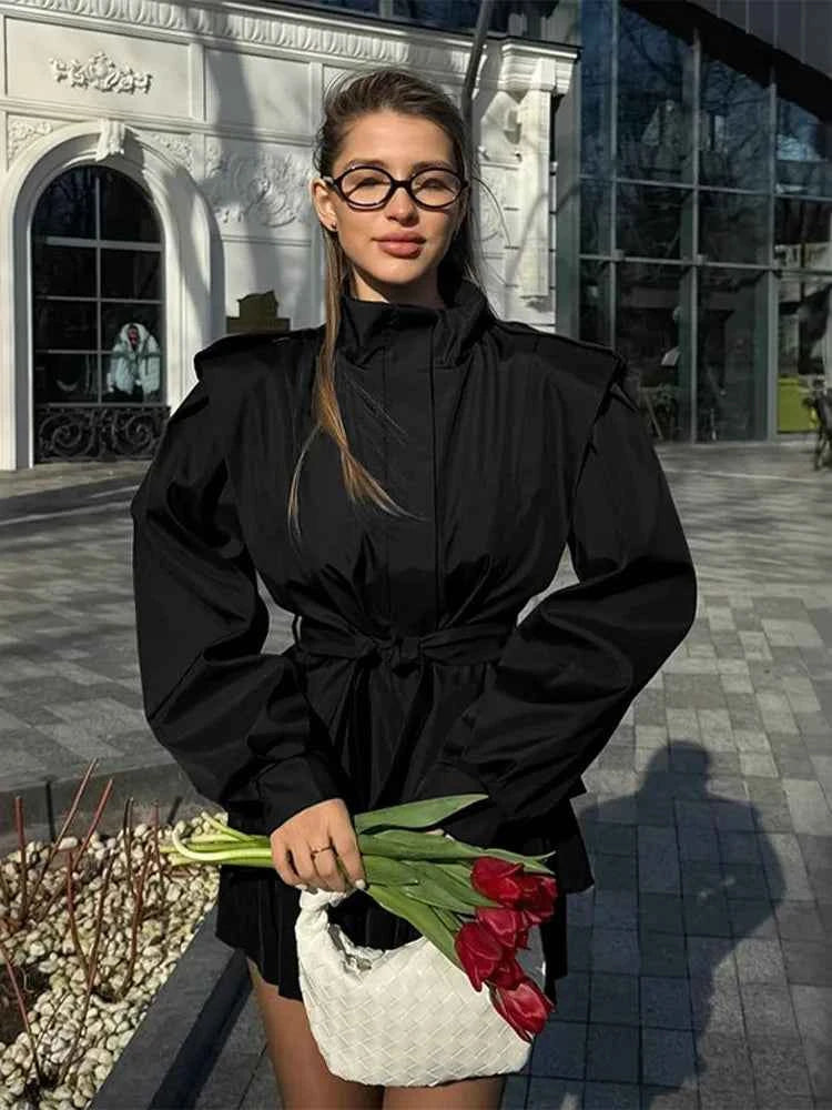 Fashion Stand Collar Belted Waist Short Jacket For Women Casual Puff Sleeve Wide Shoulder Coat Lady 2026 Chic Street Outerwear