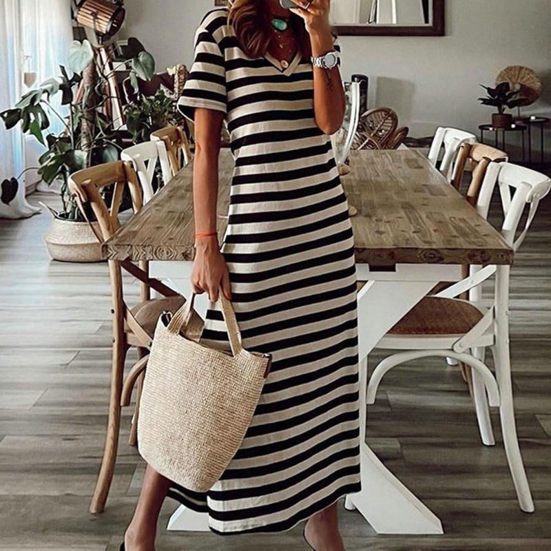 Vestidos Plus Size Vestidos Para Mulheres Casual Listra Estampa Decote Em V Manga Curta Solto Vestido Longo Robe Femme