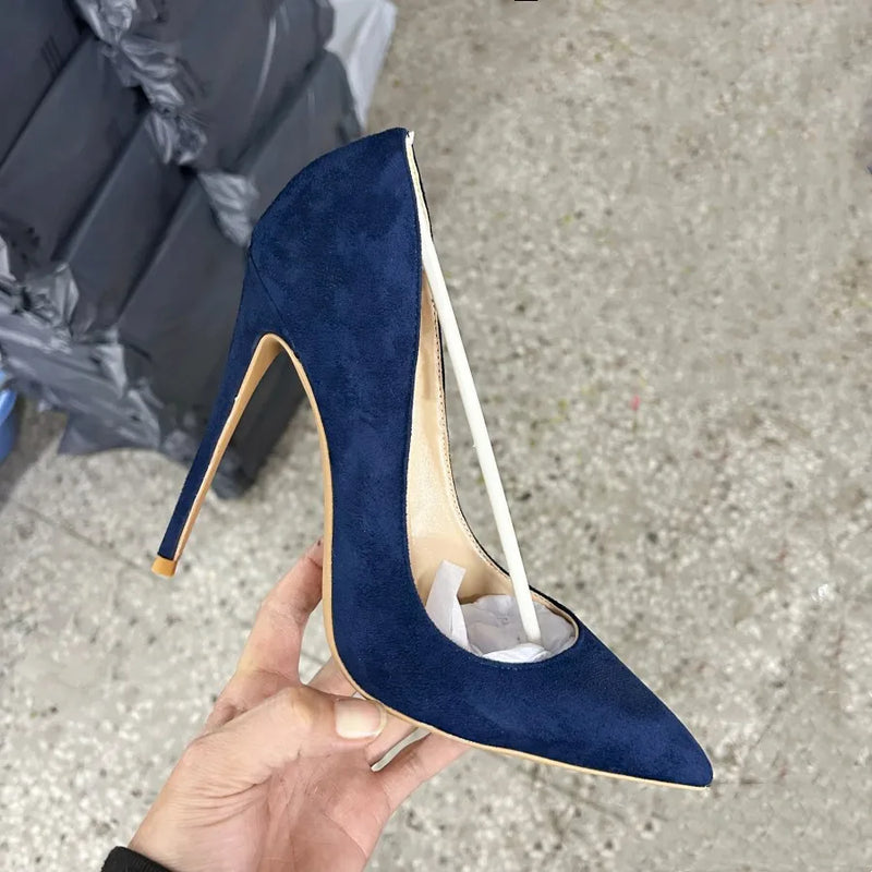 Sapatos de salto alto femininos de camurça sintética azul marinho, bico fino, sem cadarço, salto agulha OL feminino, 8, 10, 12 cm