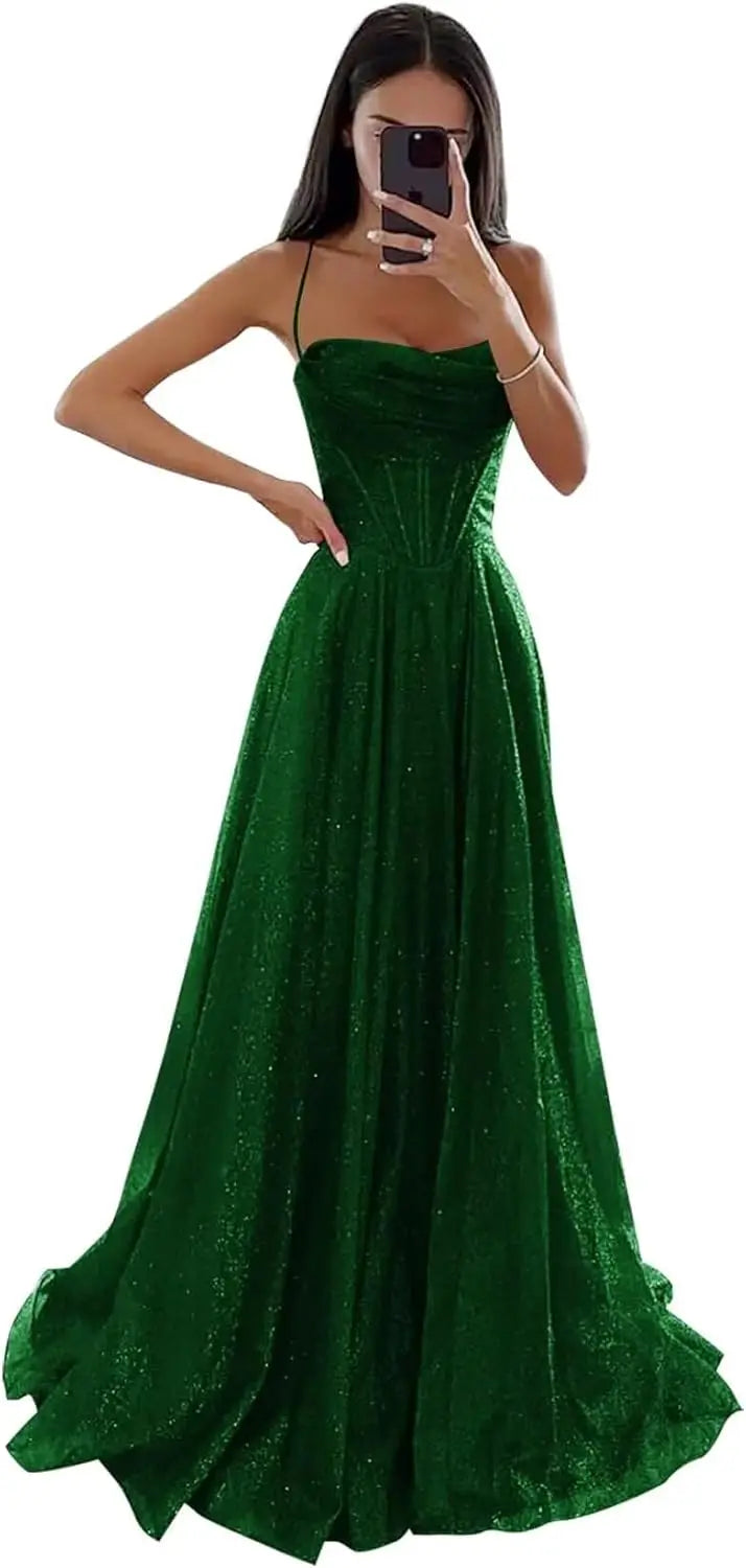 Spaghetti Straps Sleeveless Prom Dress for Women Long Shiny Tulle Formal Evening Party Gown with Slit Formal Dress Women Elegant