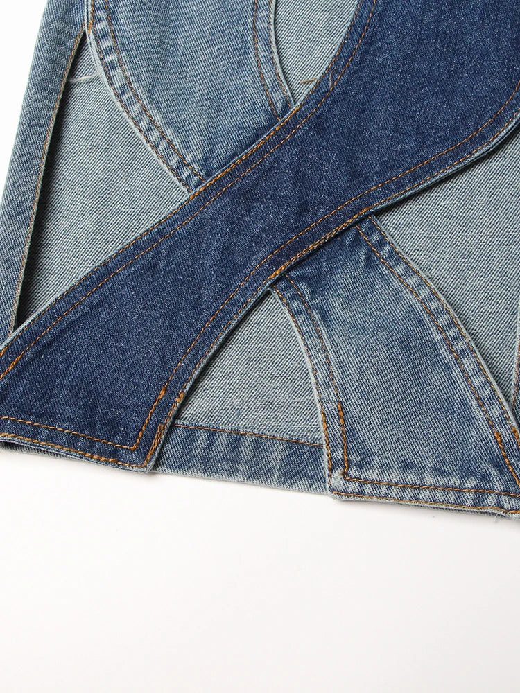 TWOTWINSTYLE Calça jeans feminina com zíper e patchwork, cintura alta, vazada, casual, perna larga, roupa feminina, nova moda