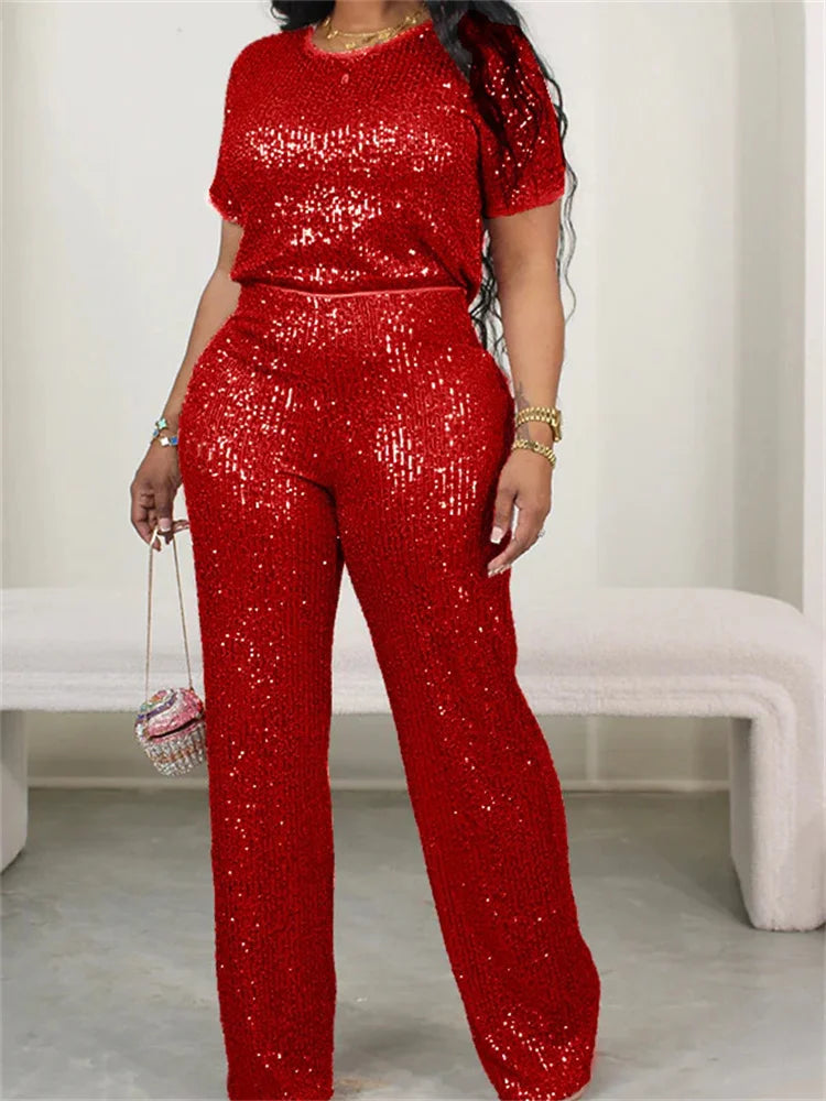 Conjunto Feminino de Duas Peças Primavera Feminino Casual Brilhante Lantejoulas Gola Redonda Moda Sólida Manga Curta Camiseta Perna Larga Calças Terno