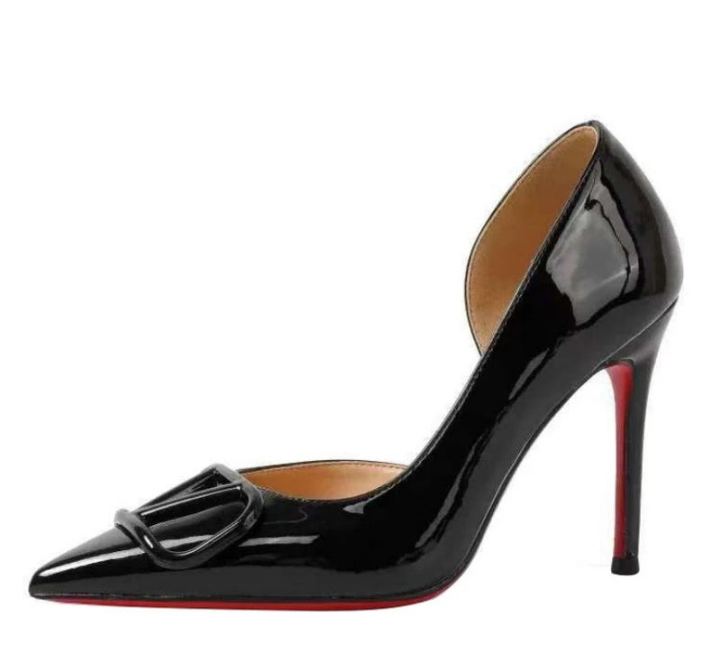 European Banquet Pointed V-Buckle High Heels Thin Heel Patent Leather Side Air Quality Women's Shoes Fashionable And Elegant
