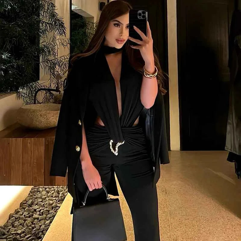 Women Ruched Sexy Metal Trim Jumpsuit Waistless Cross Hollow Bandage Coquette Midnight Workout Hipster Stretch Overalls