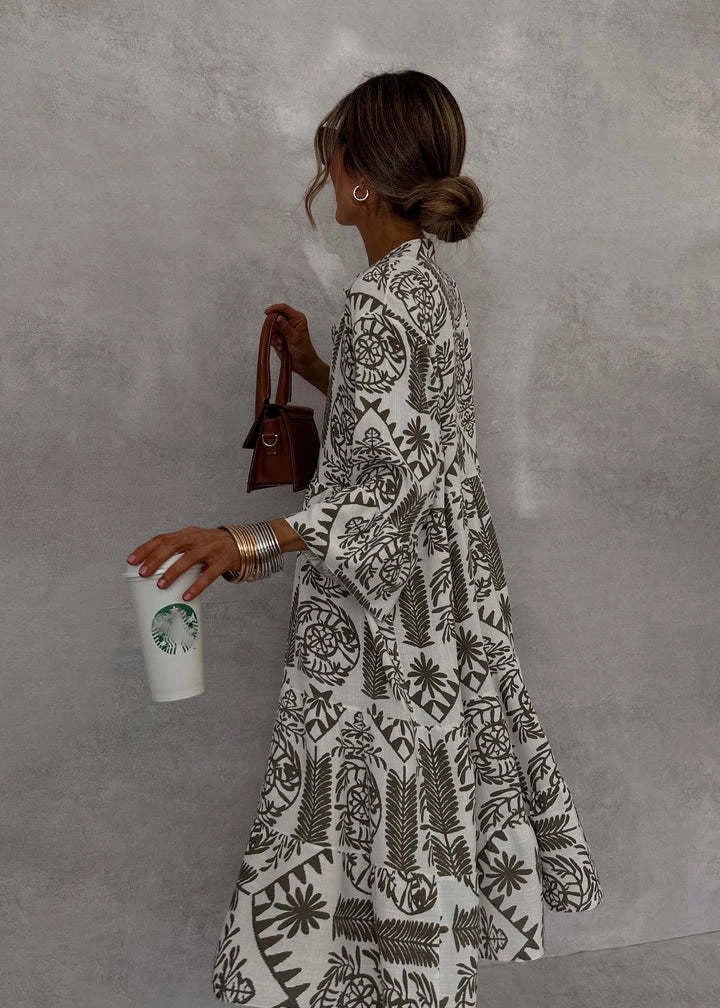 Vestido solto de férias com estampa casual, decote em V, manga flare, elegante, com babados solto