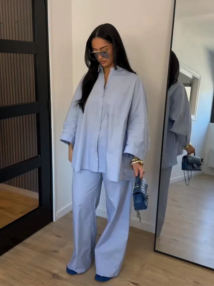 Lapel Short Sleeve Pocket Solid Color Shirt Pants Set Loose Fit Straight Leg Trouser 2026 Spring Casual Women Daily Outfit