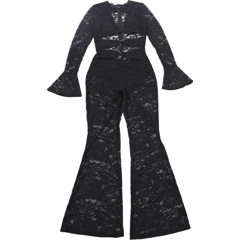 Sexy Hollow out Micro Flared Jumpsuit Long Pants  Lace Shirt Thickened Winter Collection for Elderly Women