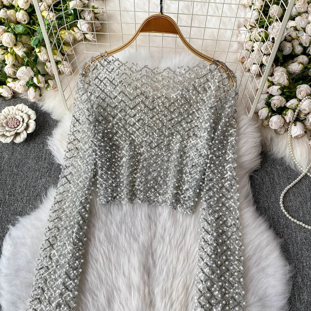 Slim Fit Short Sleeveless T-Shirt Women's New Style round Neck Long Sleeve Shiny Sequin Heavy Duty Bead Commute Style Korean ...