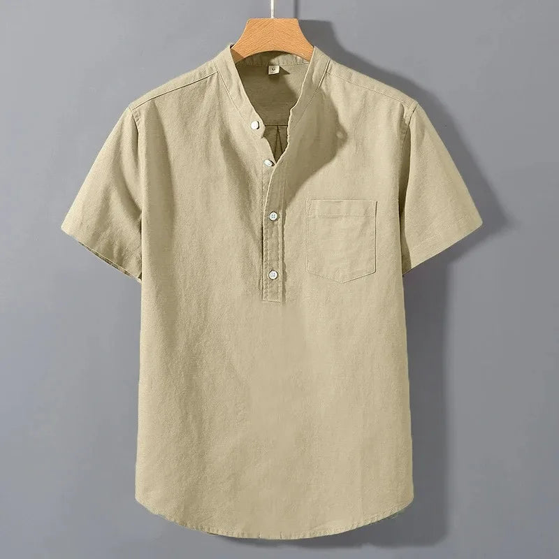 Camisetas de manga curta, cor sólida, gola alta, moda verão, respirável, solta, básica, algodão, bolso, top