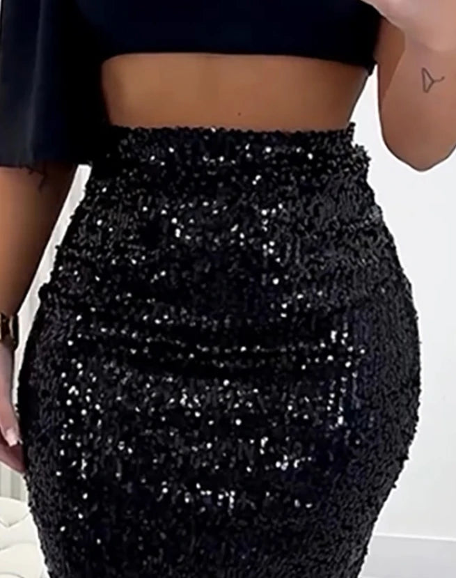 Saia midi sexy para mulheres 2025 casual elegante festa à noite allover lantejoulas fenda saia midi skinny roupas femininas roupas