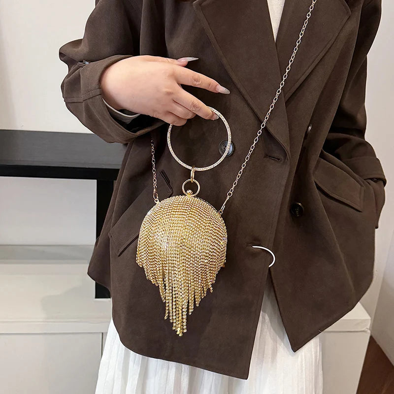 Super Cool Shiny Spherical Diamond Tassel Chain Shoulder and Crossbody Bags Hot Trendy Personality Handbags for Women 2025 Hot