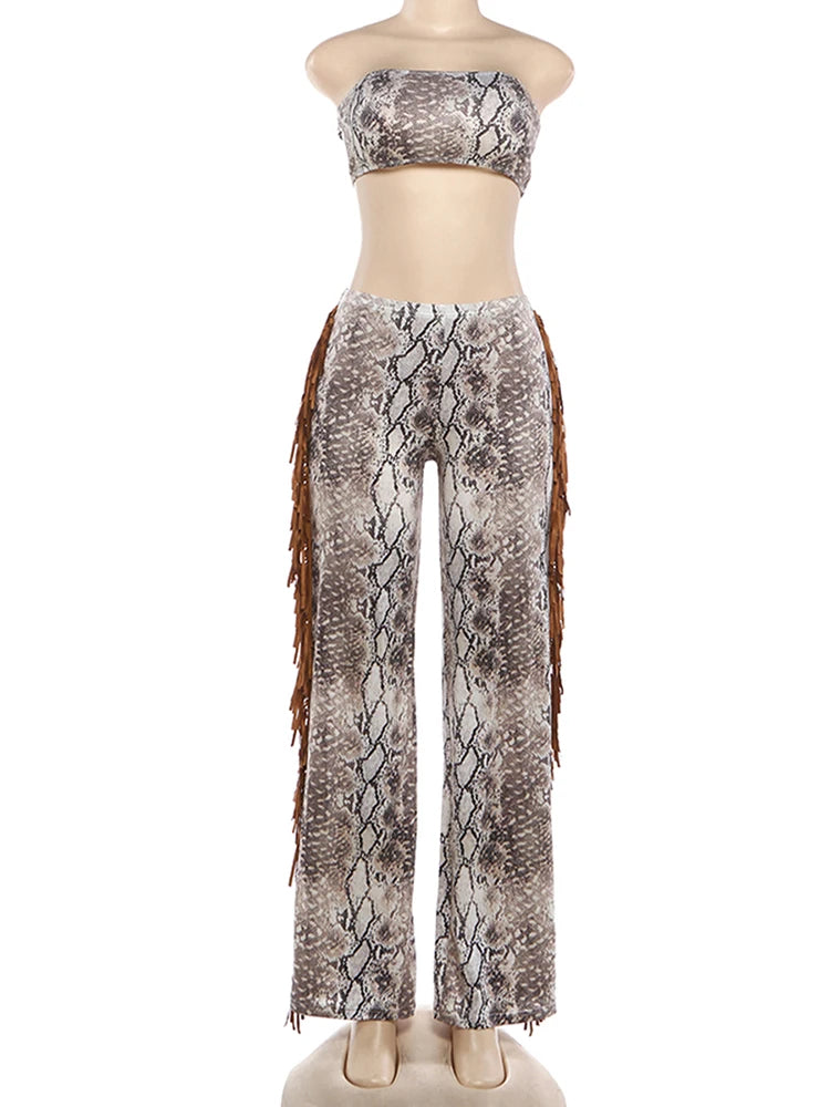 Weird Puss Side Tassel 2 Piece Set Women Tracksuit Mini Strapless+Straight Pants Matching Stretch Street Cool Hipster Outfits